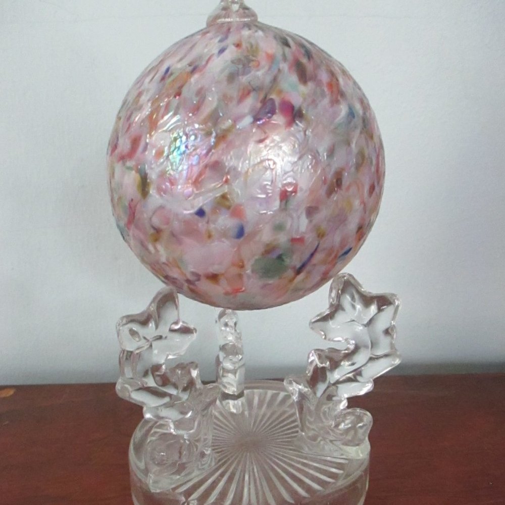 Vintage Pink and Multicolored Blown Glass Ball on Seahorse Stand